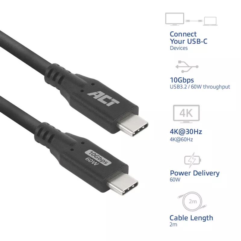 USB-Typ-C-Kabel ACT AC7442 2m 10Gbps 60W Schwarz
