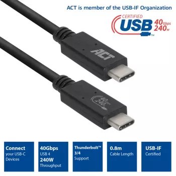 ACT USB4® 40Gbps 240W USB Type-C® Kabel, USB-IF zertifiziert, 0,8 Meter
