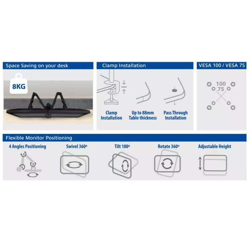 ACT Doppel-Monitorarm Klemme/Durchsteckmontage 16 kg 10-32 Zoll