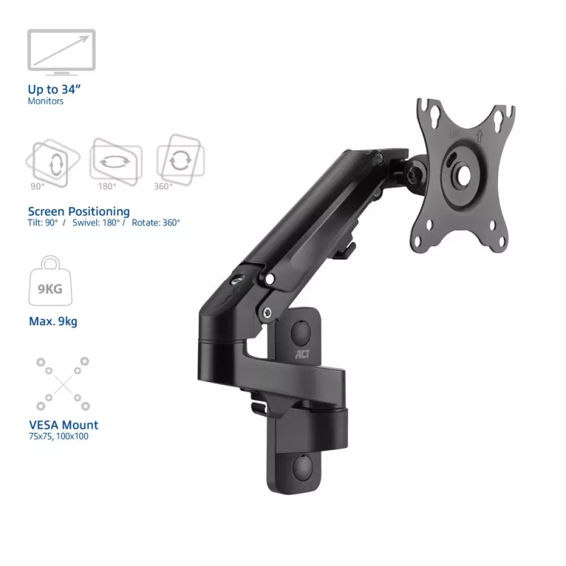 ACT Monitor-Wandhalterung mit Gasfeder, 1 Bildschirm, max. Gewicht 7 kg