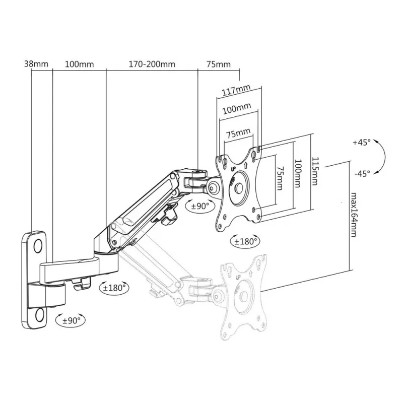ACT Monitor-Wandhalterung mit Gasfeder, 1 Bildschirm, max. Gewicht 7 kg