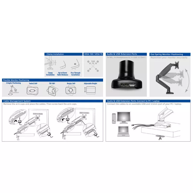 ACT Gasfeder-Monitorarm Büro Schwarz AC8311 Klemme/Durchsteckmontage 9 kg