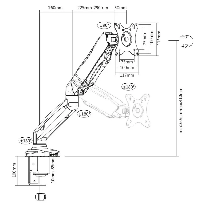 ACT Gasfeder-Monitorarm Büro Schwarz AC8311 Klemme/Durchsteckmontage 9 kg