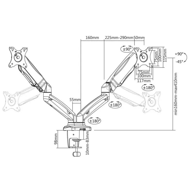 ACT Gasfeder-Doppelmonitorarm Büro Klemm-/Durchführungsmontage 18 kg