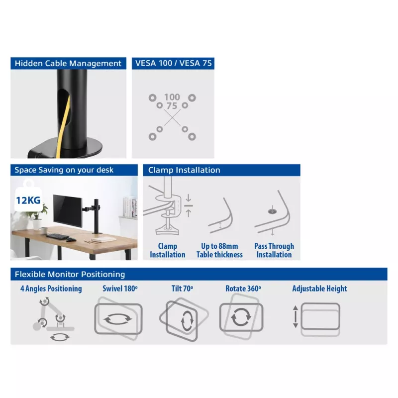 ACT Einzelmonitorarm Büro Solid Pro Klemme/Durchschraubbefestigung 12 kg 10-32 Zoll