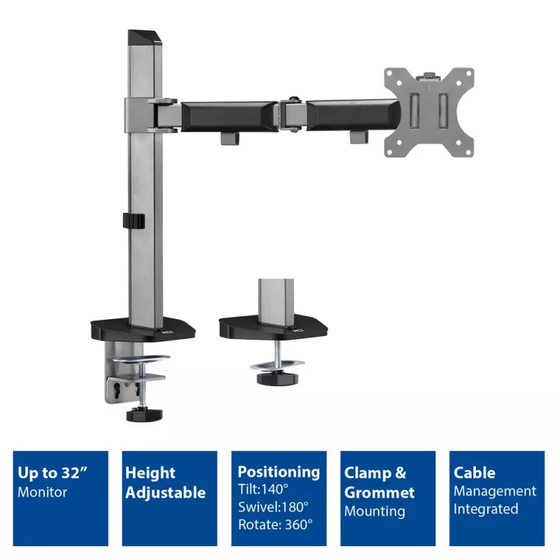 ACT Single Monitor Arm Office Silber Klemm-/Durchsteckmontage 9 kg 17-32 Zoll