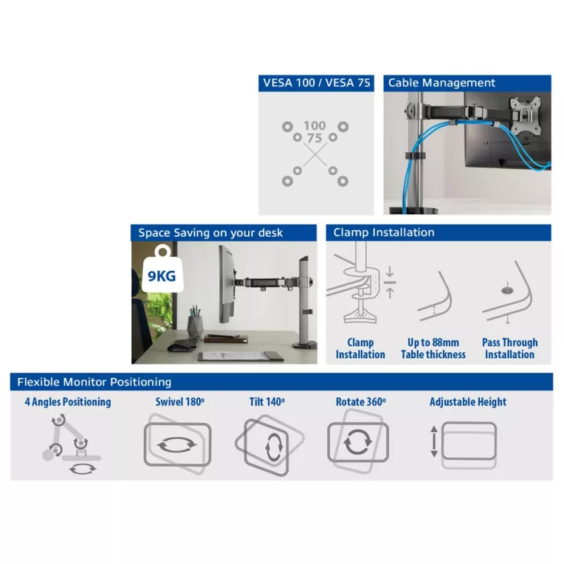 ACT Single Monitor Arm Office Silber Klemm-/Durchsteckmontage 9 kg 17-32 Zoll