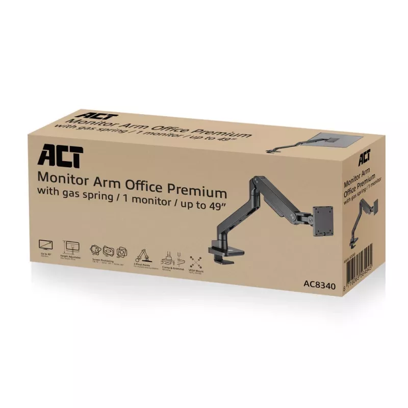 ACT Monitorarm 49 Zoll Büro Premium Gasfeder 1 Monitor Klemm-/Durchführungsmontage 20 kg