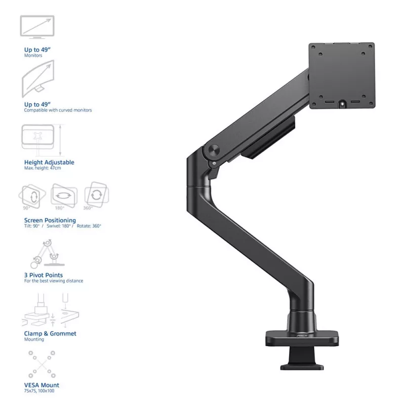 ACT Monitorarm 49 Zoll Büro Premium Gasfeder 1 Monitor Klemm-/Durchführungsmontage 20 kg