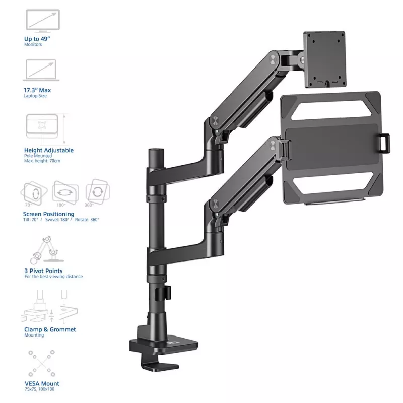 Laptop- & Monitorarm ACT AC8341 Gasfeder schwarz 49 Zoll