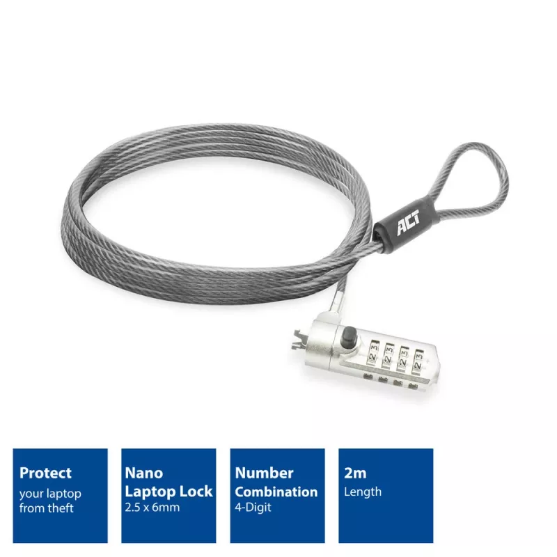 ACT Nano Laptop Lock mit Zahlenschloss 2m Kabel