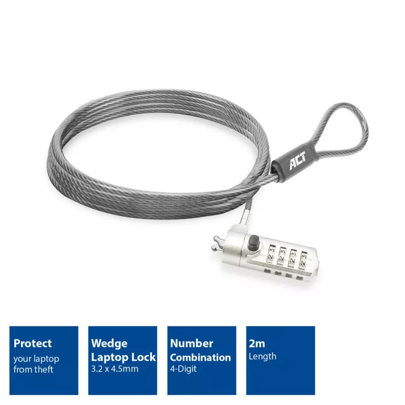 ACT Wedge Laptop-Schloss mit Zahlenschloss Metallisch 2 m Kabel