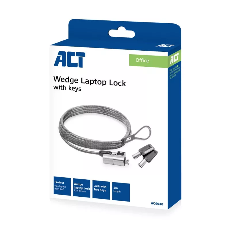 ACT Wedge Laptopschloss mit Schlüsseln Metallic 2m Kabel