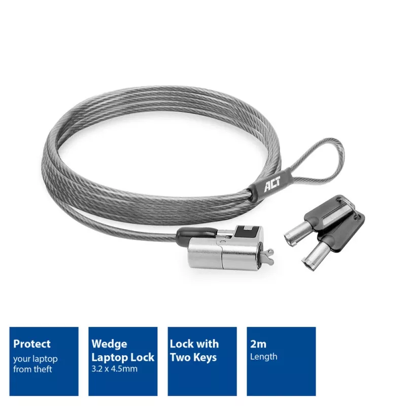 ACT Wedge Laptopschloss mit Schlüsseln Metallic 2m Kabel