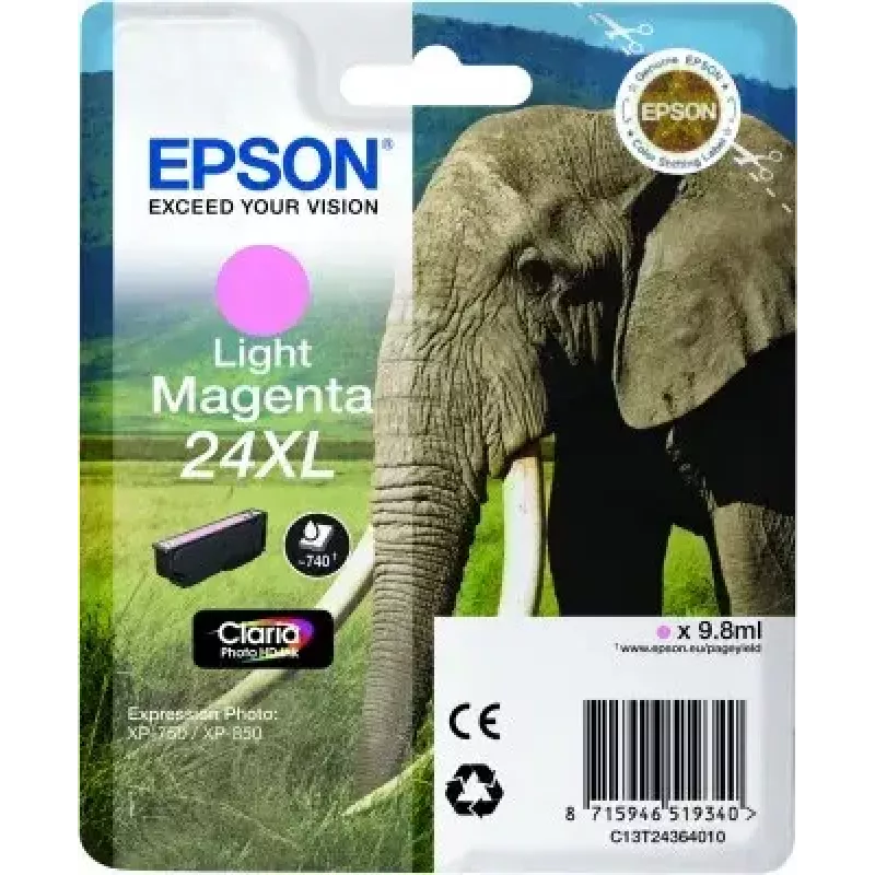 Tintenpatrone Epson Elephant Singlepack HellMagenta 24XL Claria Photo HD (einzeln, pigmentbasiert, hellMagenta)