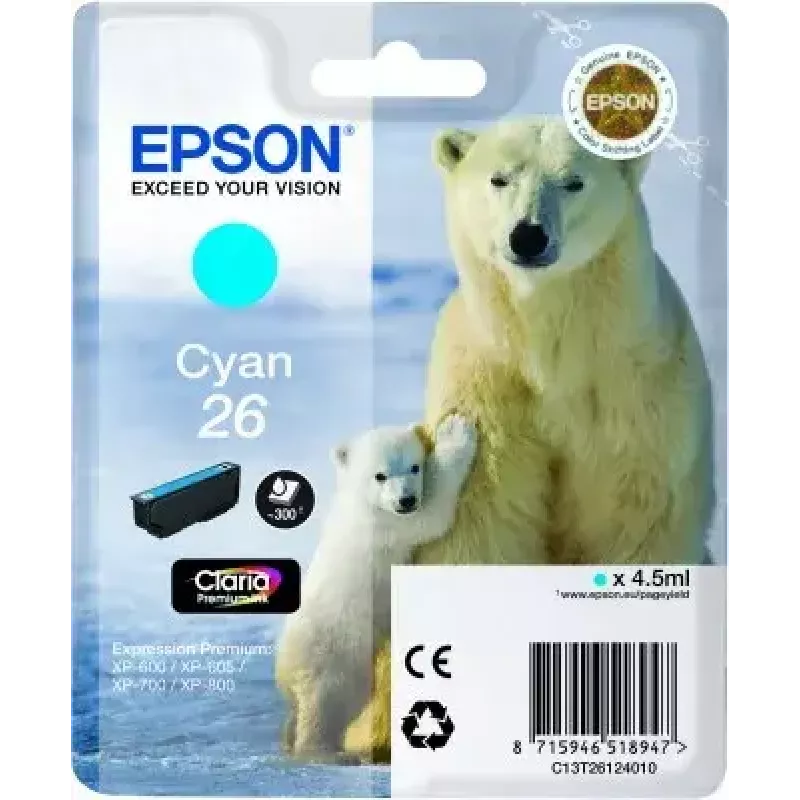 Tintenpatrone Epson C13T26124010 Einzelpackung Cyan 26 Claria Premium – Cyan, 1 Stück