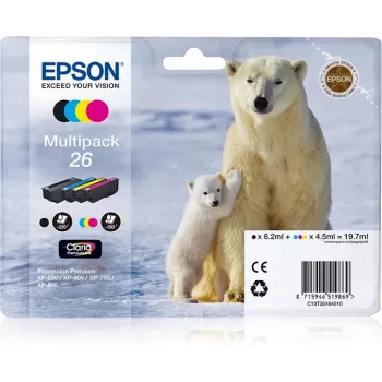 Epson Polar Bear Multipack 4-Farben 26 Claria Premium Tinte, Schwarz, Cyan, Magenta, Gelb, 6,2 ml, 4,5 ml, 1 Stück, Multipack