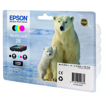 Epson Polar Bear Multipack 4-Farben 26 Claria Premium Tinte, Schwarz, Cyan, Magenta, Gelb, 6,2 ml, 4,5 ml, 1 Stück, Multipack