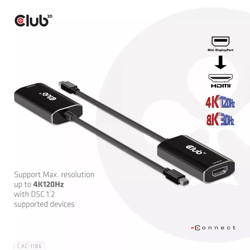 CLUB3D Mini DisplayPort 1.4 auf HDMI 4K120Hz mit DSC1.2 aktiver Adapter M/F