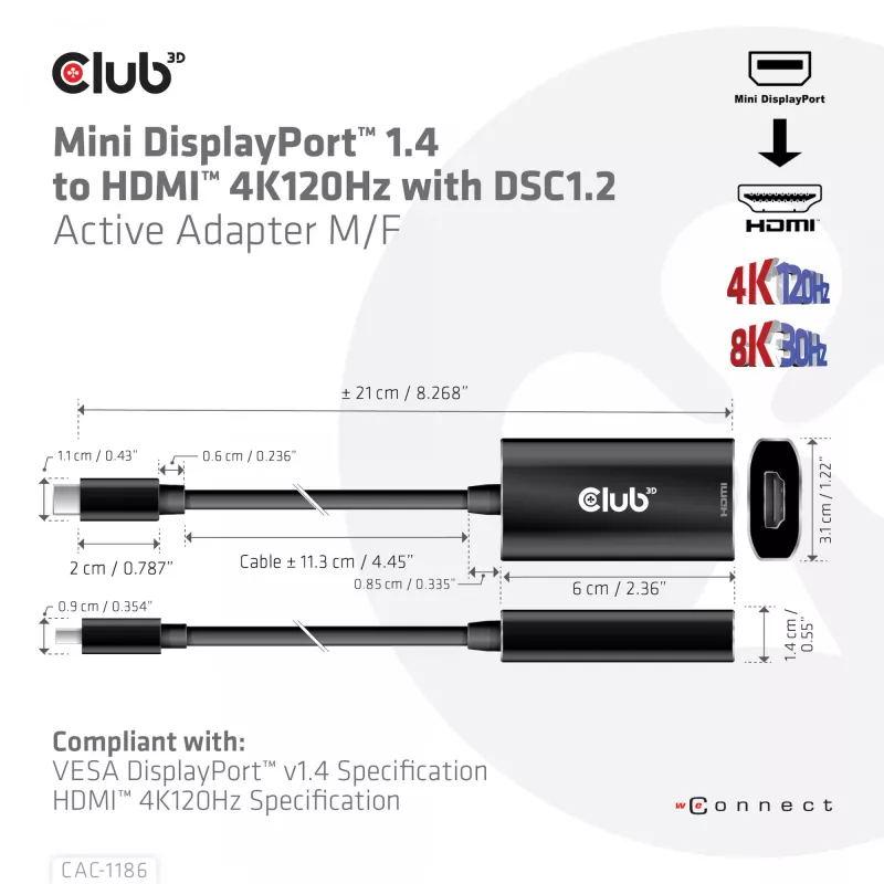 CLUB3D Mini DisplayPort 1.4 auf HDMI 4K120Hz mit DSC1.2 aktiver Adapter M/F
