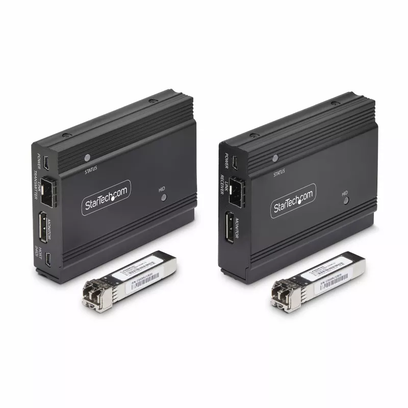 StarTech.com DisplayPort KVM Extender über Glasfaser, 4K 60Hz, Console Extender Kit, bis zu 300 m (Multimode) mit vorinstallierten SFP+ Modulen, 3x USB HID