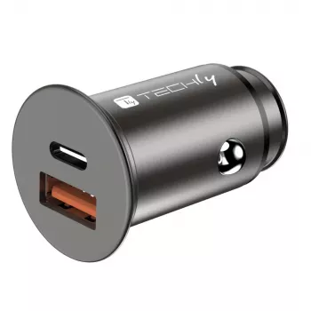Techly Mini Auto-Ladegerät USB-A und USB-C Quick Charge 3.0 38W in schwarzem Metall