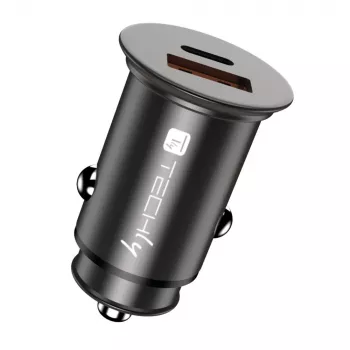 Techly Mini Auto-Ladegerät USB-A und USB-C Quick Charge 3.0 38W in schwarzem Metall
