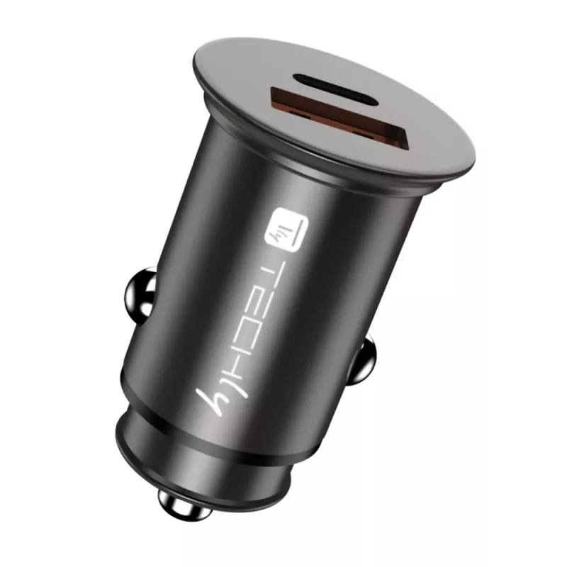 Techly Mini Auto-Ladegerät USB-A und USB-C Quick Charge 3.0 38W in schwarzem Metall