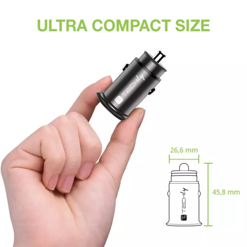 Techly Mini Auto-Ladegerät USB-A und USB-C Quick Charge 3.0 38W in schwarzem Metall