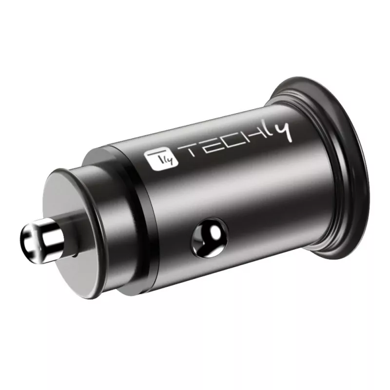 Techly Mini Auto-Ladegerät USB-A und USB-C Quick Charge 3.0 38W in schwarzem Metall
