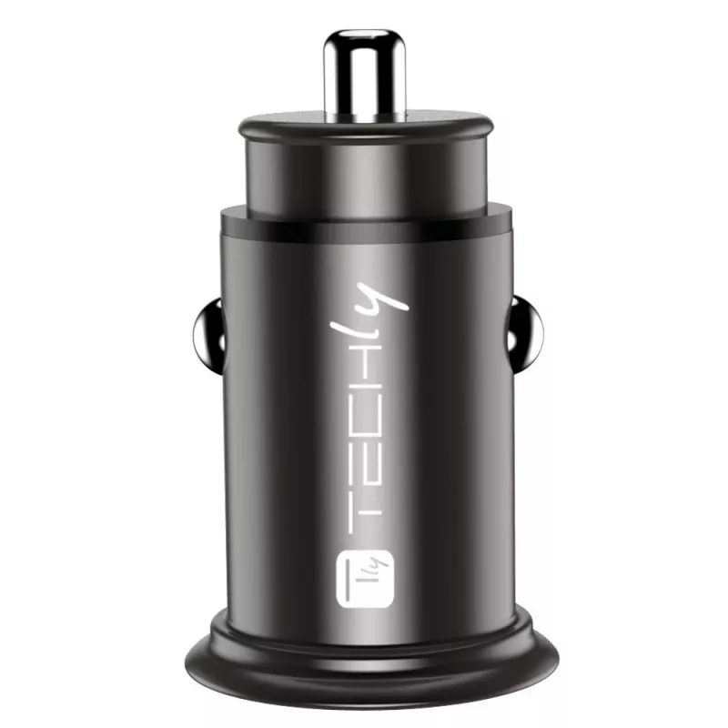 Techly Mini Auto-Ladegerät USB-A und USB-C Quick Charge 3.0 38W in schwarzem Metall