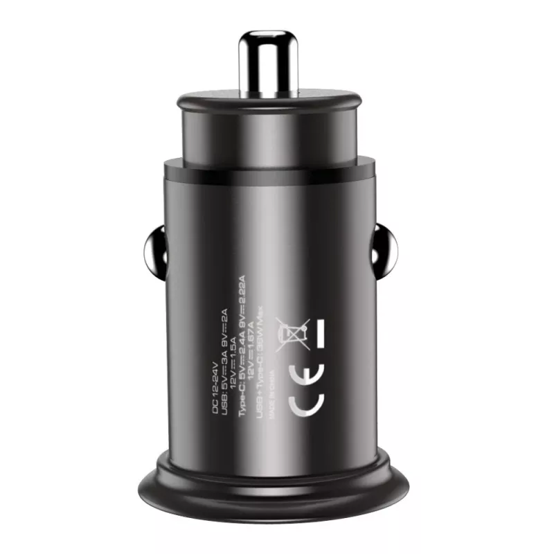 Techly Mini Auto-Ladegerät USB-A und USB-C Quick Charge 3.0 38W in schwarzem Metall