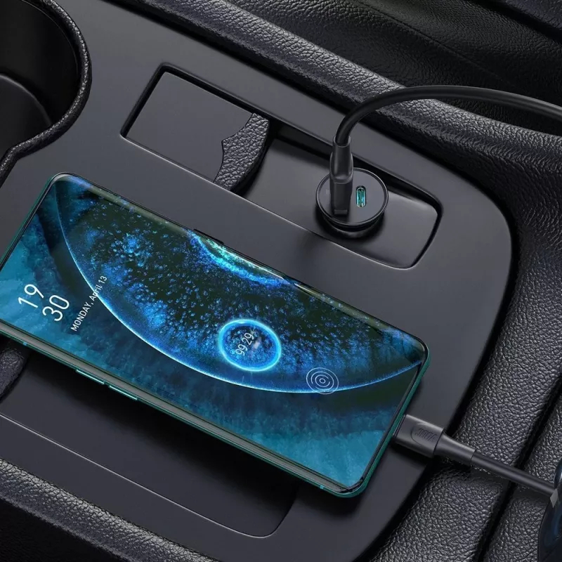 Techly Mini Auto-Ladegerät USB-A und USB-C Quick Charge 3.0 38W in schwarzem Metall