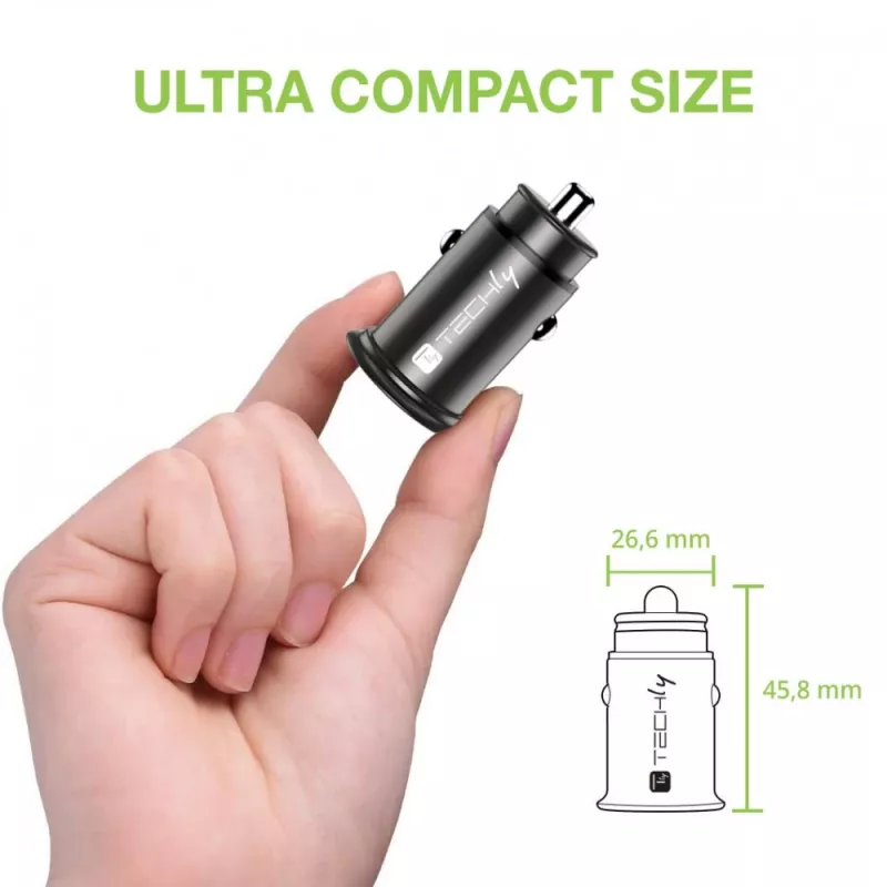 Techly Mini Auto-Ladegerät USB-A und USB-C Quick Charge 3.0 38W in schwarzem Metall