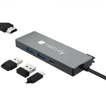 Techly IUSB32C-HUB4HPD Laptop-Dockingstation/Port-Replikator Kabelgebunden USB 3.2 Gen 2 (3.1 Gen 2) Typ-C Grau