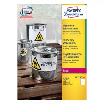Selbstklebendes Etikett mit abgerundeten Ecken Avery Zweckform L4775-100, Permanent Weiß, 210×297 mm, 100 Stück