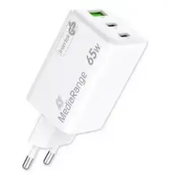 Mobile device charger MediaRange MRMA116-2 — Indoor AC fast charger, 100–240V input, up to 20V output, 2× USB-C, white
