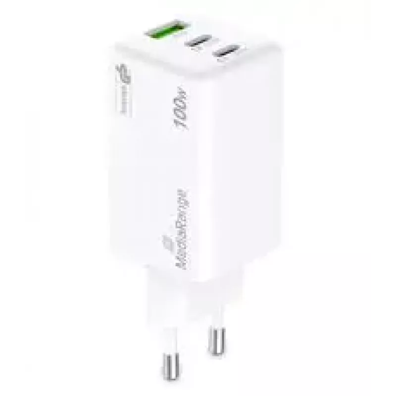 Mobile device charger MediaRange MRMA123 — Indoor AC fast charger for laptop, smartphone, tablet, 100–240V, 2× USB-C, 20V max, white