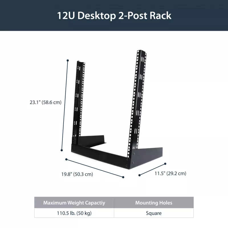 StarTech.com 2-Post 12U Desktop-Server-Rack, kleines offenes 19-Zoll-Computer-Rack, kompaktes Netzwerk-Rack für AV-/Studio-/Daten-/IT-Equipment – freistehendes Zwei-Post-Rack für Heim-/Büroanwendungen