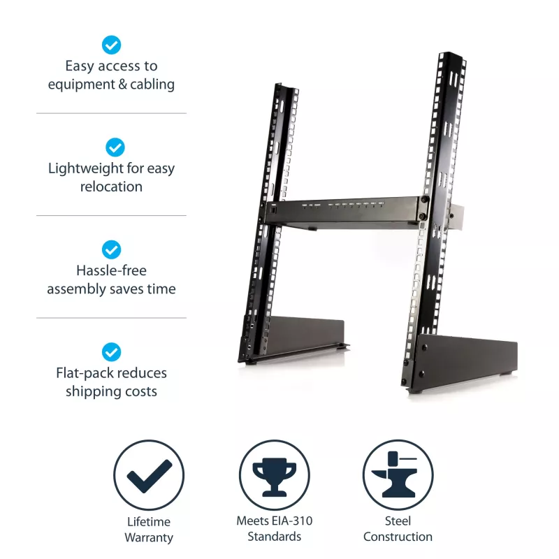 StarTech.com 2-Post 12U Desktop-Server-Rack, kleines offenes 19-Zoll-Computer-Rack, kompaktes Netzwerk-Rack für AV-/Studio-/Daten-/IT-Equipment – freistehendes Zwei-Post-Rack für Heim-/Büroanwendungen