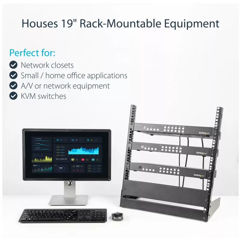 StarTech.com 2-Post 12U Desktop-Server-Rack, kleines offenes 19-Zoll-Computer-Rack, kompaktes Netzwerk-Rack für AV-/Studio-/Daten-/IT-Equipment – freistehendes Zwei-Post-Rack für Heim-/Büroanwendungen