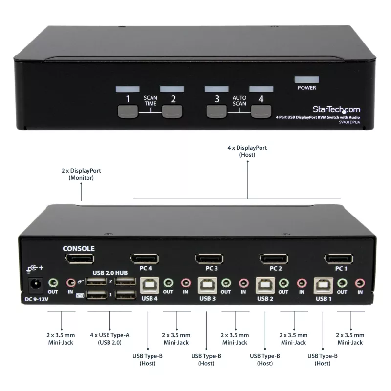 StarTech.com 4-Port USB DisplayPort KVM Switch mit Audio, 3840 x 2400 Pixel, Schwarz