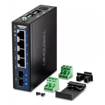 Unmanaged Gigabit Ethernet Switch TRENDnet TI-G51SC, 4x RJ-45 10/100/1000, 10 Gbit/s Kapazität, 2000 MAC, 9–60 V, wandmontierbar