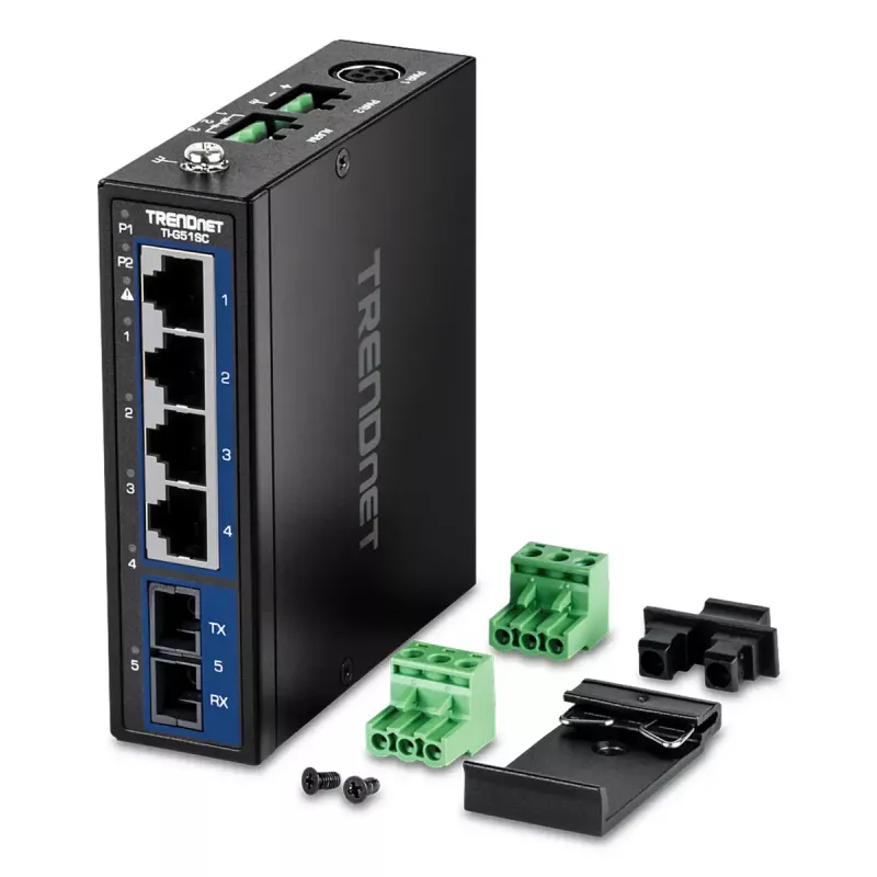 Unmanaged Gigabit Ethernet Switch TRENDnet TI-G51SC, 4x RJ-45 10/100/1000, 10 Gbit/s Kapazität, 2000 MAC, 9–60 V, wandmontierbar