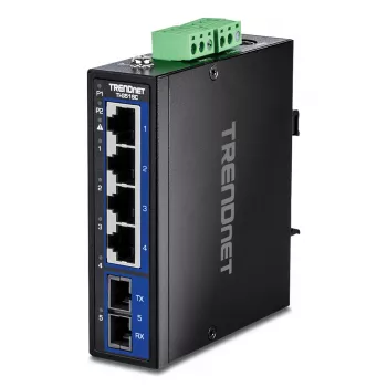 Unmanaged Gigabit Ethernet Switch TRENDnet TI-G51SC, 4x RJ-45 10/100/1000, 10 Gbit/s Kapazität, 2000 MAC, 9–60 V, wandmontierbar
