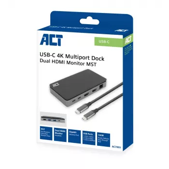 ACT USB-C 4K MST Dockingstation für 2 HDMI-Monitore, Ethernet, USB-C, 3x USB-A, PD-Passthrough und 1 Meter abnehmbares Verbindungskabel