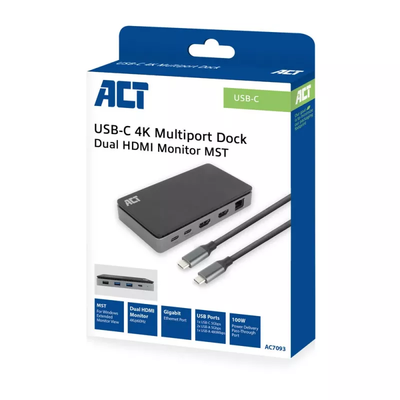 ACT USB-C 4K MST Dockingstation für 2 HDMI-Monitore, Ethernet, USB-C, 3x USB-A, PD-Passthrough und 1 Meter abnehmbares Verbindungskabel