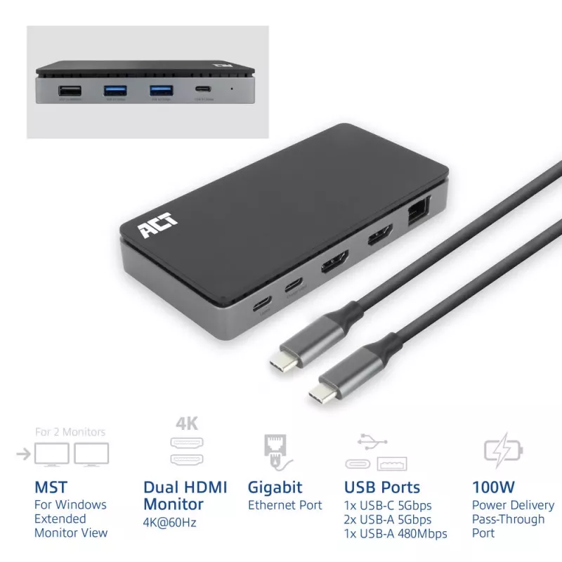 ACT USB-C 4K MST Dockingstation für 2 HDMI-Monitore, Ethernet, USB-C, 3x USB-A, PD-Passthrough und 1 Meter abnehmbares Verbindungskabel