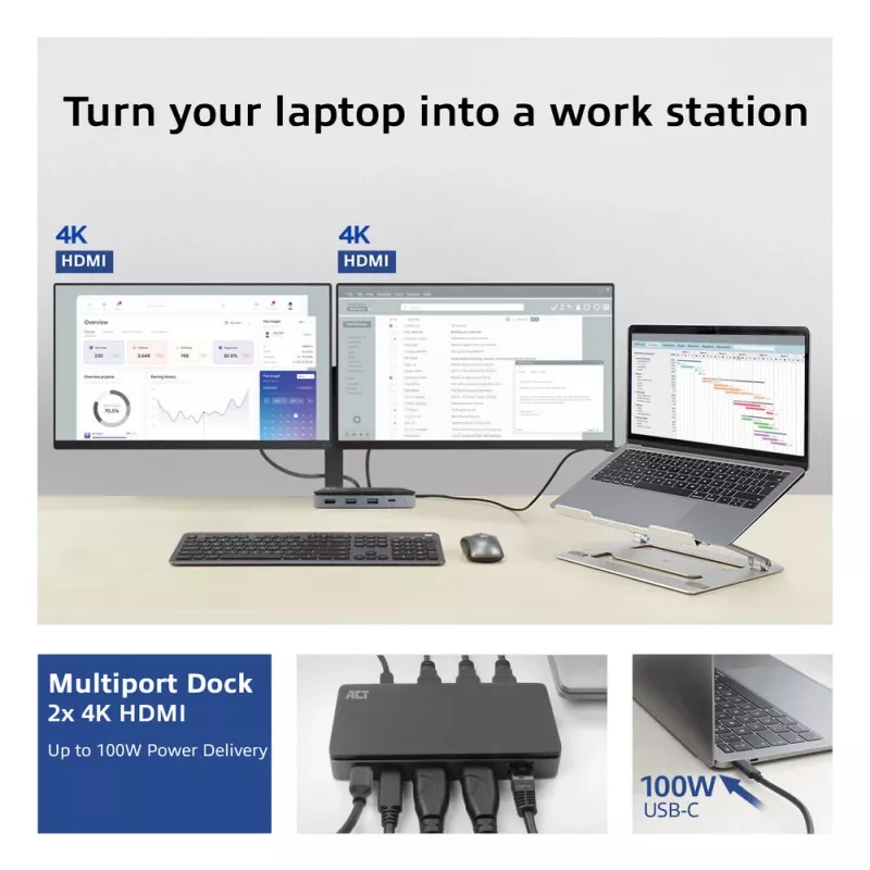 ACT USB-C 4K MST Dockingstation für 2 HDMI-Monitore, Ethernet, USB-C, 3x USB-A, PD-Passthrough und 1 Meter abnehmbares Verbindungskabel