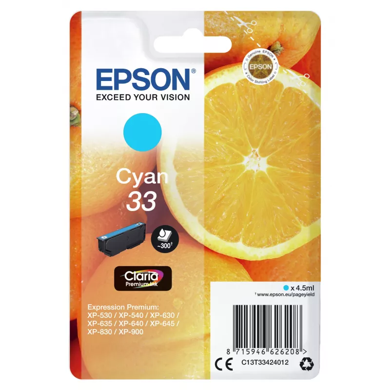 Epson Oranges Einzelpack Cyan 33 Claria Premium Tinte, Cyan, 4,5 ml, 1 Stk., 300 Seiten